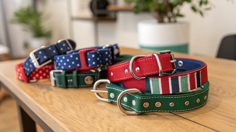 Una disposizione artistica di collari per cani colorati su un tavolo di legno
