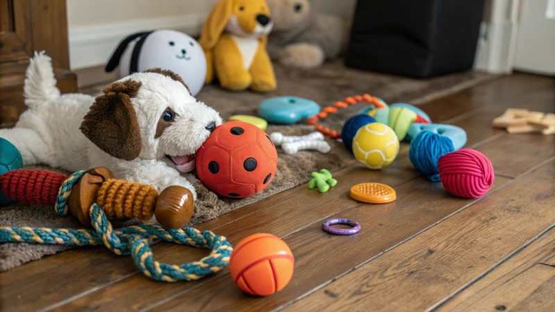 Verschiedene Hundespielzeuge auf einem Holzboden