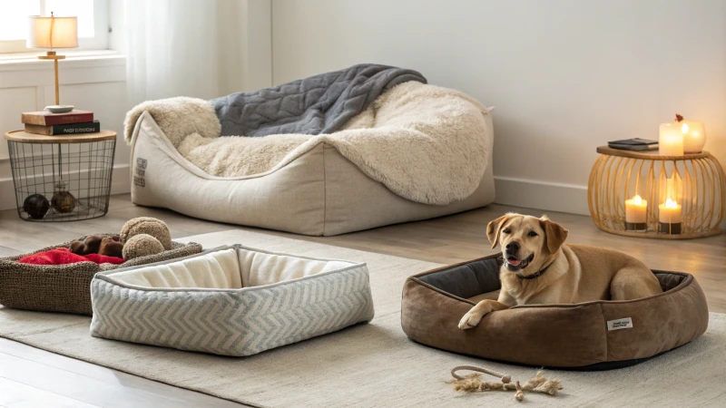 Una varietà di cucce per cani in una stanza ben illuminata