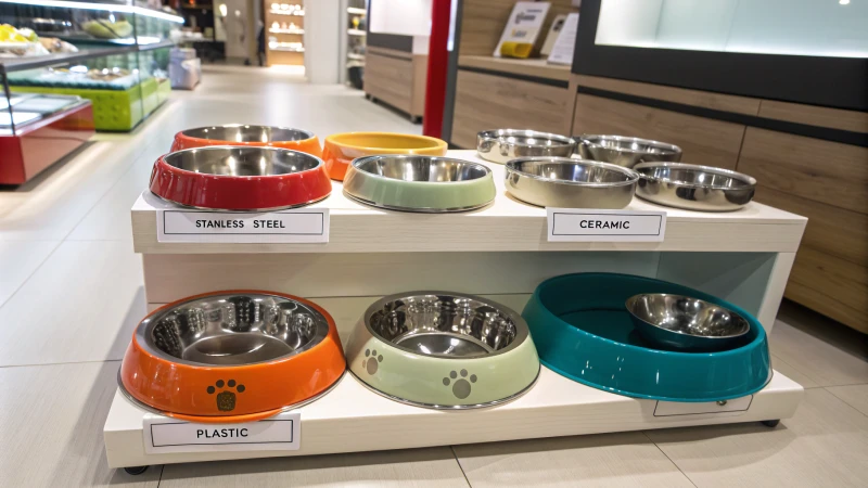 Un étalage de différentes gamelles pour chiens dans une animalerie