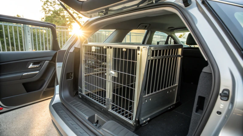 Gabbia per cani collaudata in un bagagliaio d'auto