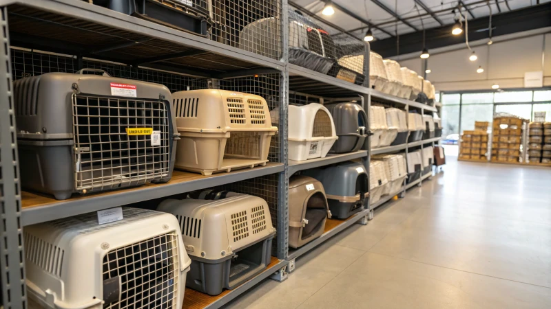 Esposizione di varie gabbie per cani in un magazzino