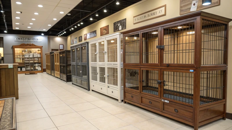 Un'esposizione di varie gabbie per cani in un negozio di articoli per animali