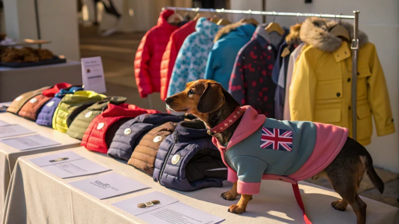 Una mesa expositora con ropa y accesorios elegantes para perros