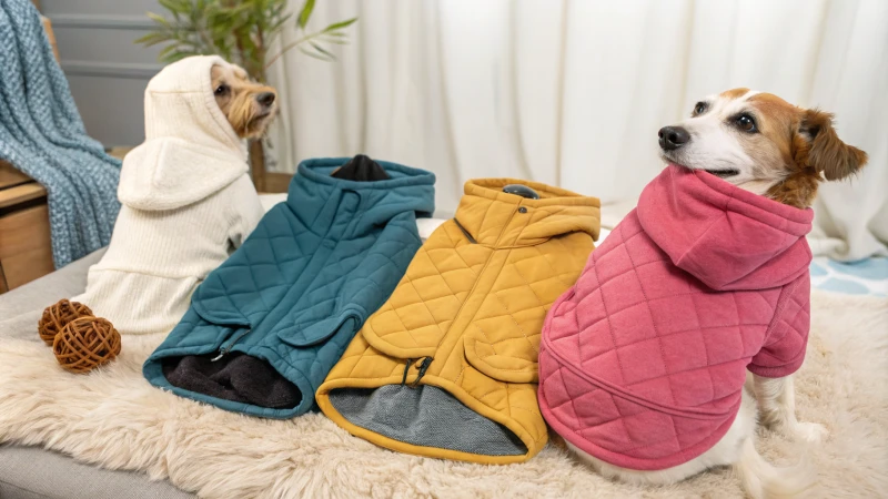 Exposition de divers articles de vêtements pour chiens