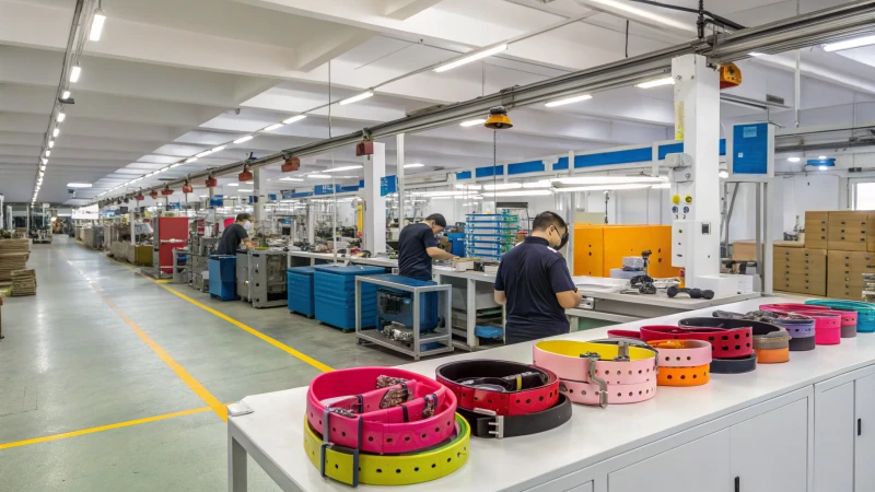 Uno stabilimento di produzione di collari per cani luminoso e spazioso con operai specializzati.