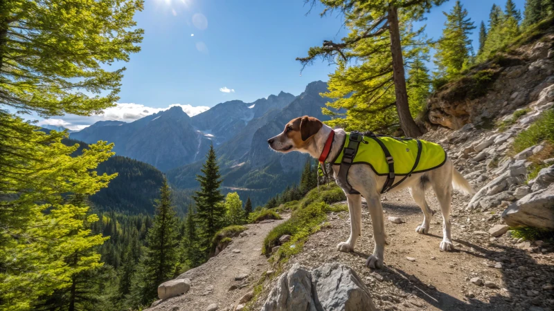 Un cane di media taglia in tenuta da outdoor che cammina su un sentiero di montagna.