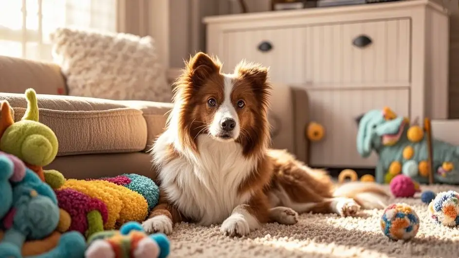 Un chien de taille moyenne dans un salon confortable avec des jouets colorés