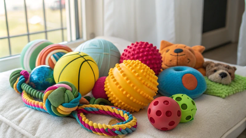Colorful dog toys on a soft surface