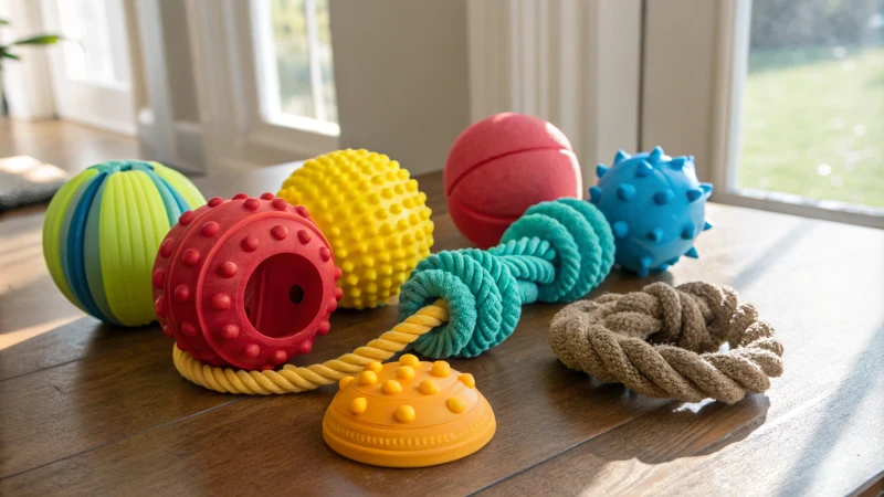 Colorful dog toys on a wooden table