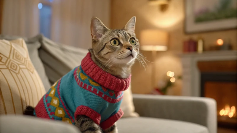 ソファに座るカラフルなセーターの猫。