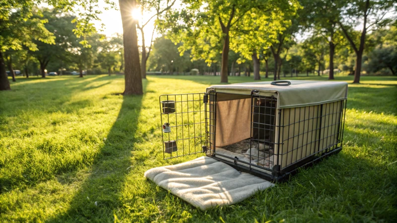 Gabbia per cani pieghevole in un parco soleggiato