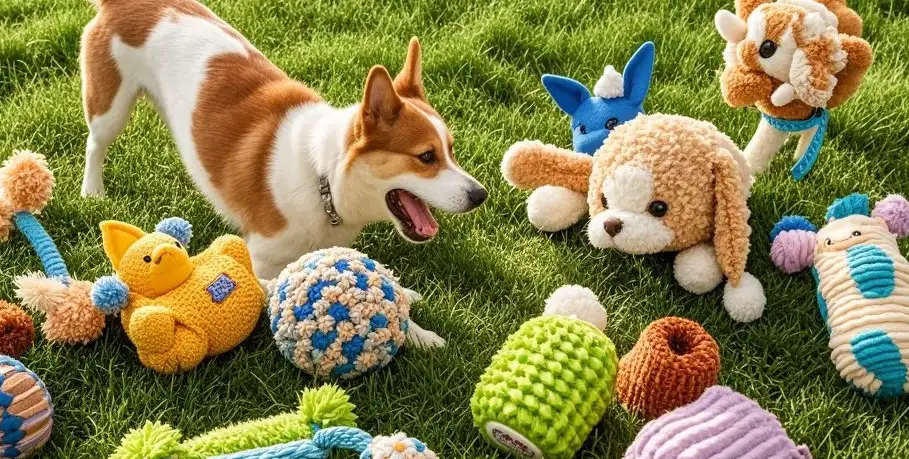 Sammlung von umweltfreundlichem Hundespielzeug auf Gras