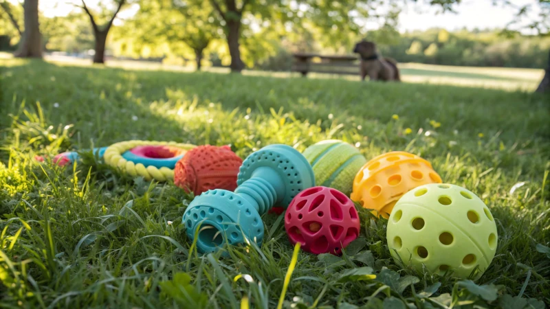 Eine Vielzahl von umweltfreundlichem Hundespielzeug auf Gras