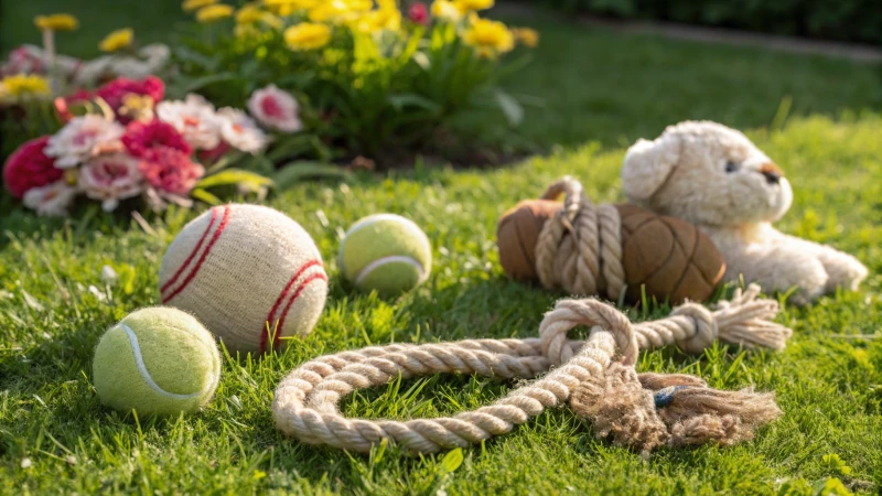 Sortiment an umweltfreundlichem Hundespielzeug auf einer sonnigen Wiese