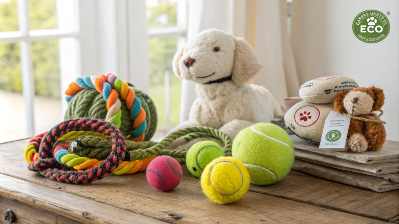 Eine Reihe von umweltfreundlichem Hundespielzeug auf einem Holztisch