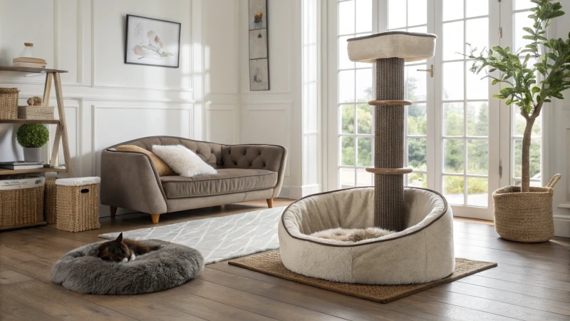 Meubles élégants pour animaux de compagnie comprenant un lit pour chien et un arbre à chat dans un salon moderne