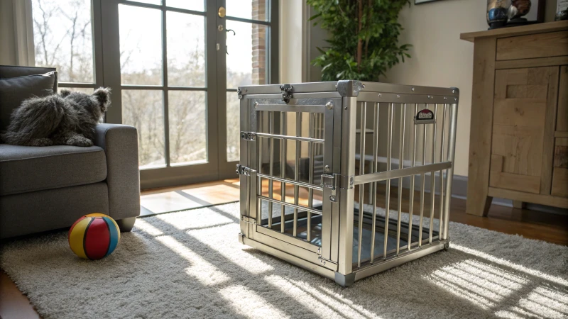 Immagine fotorealistica di una cassa per cani Ellie-Bo in un soggiorno moderno