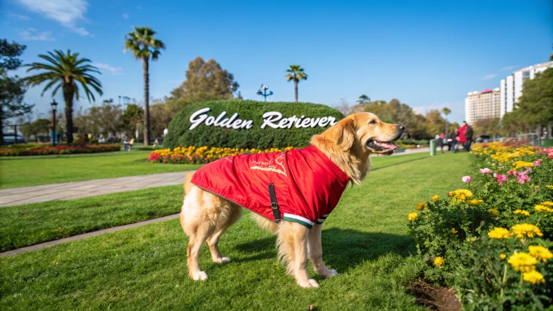Un golden retriever con una elegante chaqueta roja en un parque.