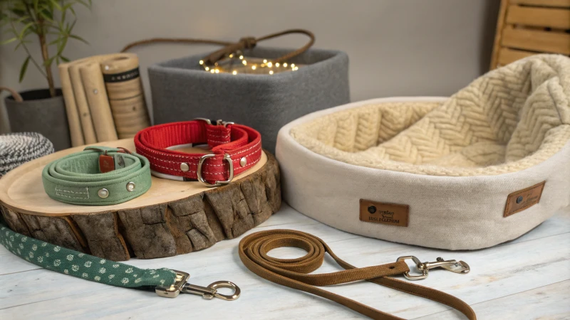 Exposición de accesorios ecológicos para mascotas, como collares, correas y camas.