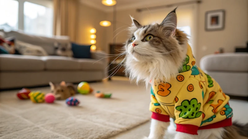 Un soffice gatto vestito con un abito colorato da cane, a disagio in un accogliente salotto.