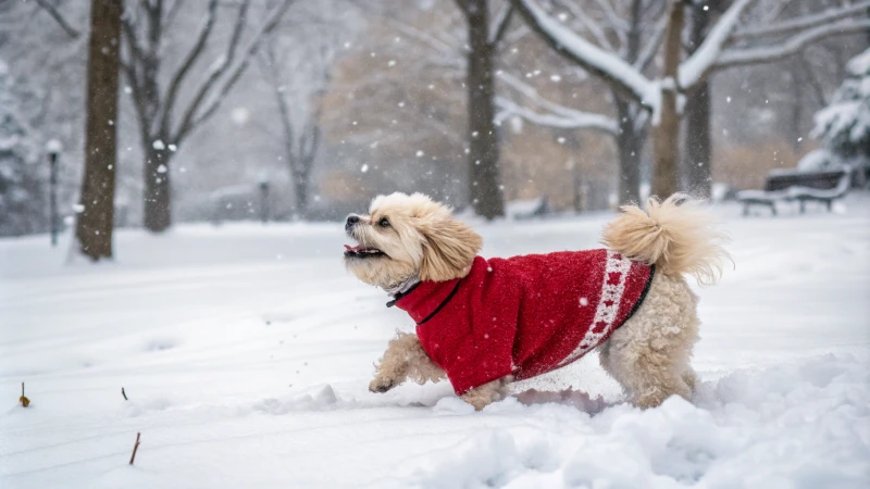 Un chien en peluche vêtu d'un pull rouge jouant dans la neige