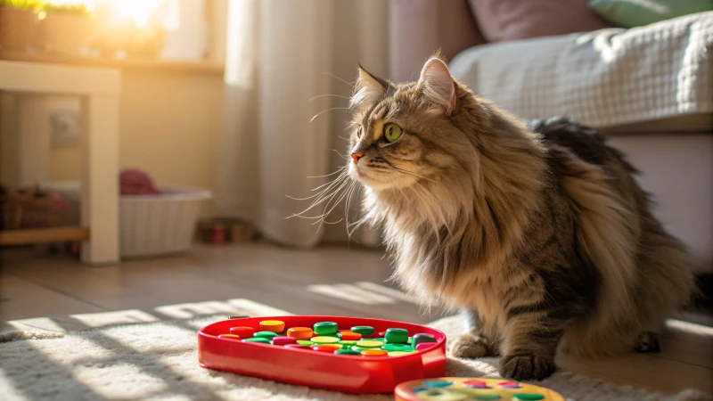 Un chat tabby duveteux jouant avec un puzzle dans une pièce ensoleillée.