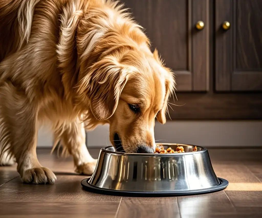 Golden retriever mangeant dans un bol en acier inoxydable