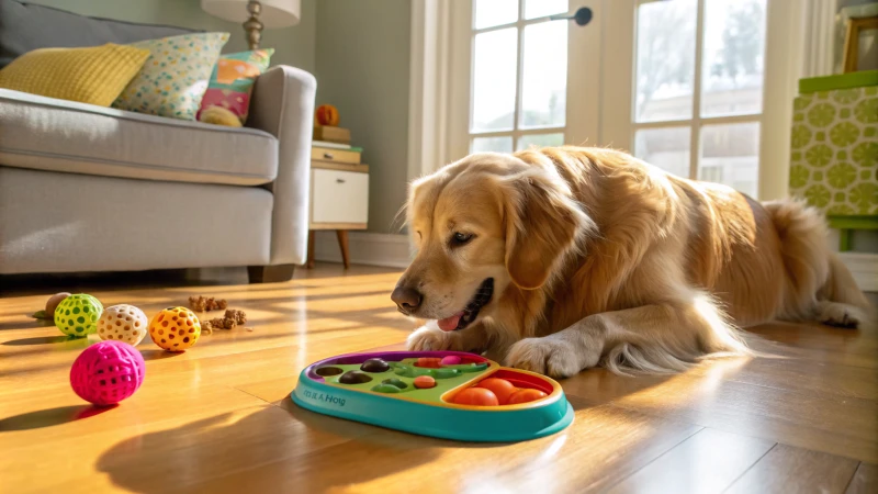 Ein verspielter Golden Retriever, der sich mit einem bunten interaktiven Spielzeug in einem gemütlichen Wohnzimmer beschäftigt.