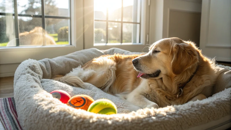 日当たりの良い部屋で、ぬいぐるみのような犬用ベッドに横たわるゴールデンレトリバー。