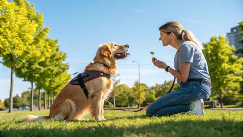 Golden retriever dans un harnais lors d'une séance d'entraînement avec son propriétaire