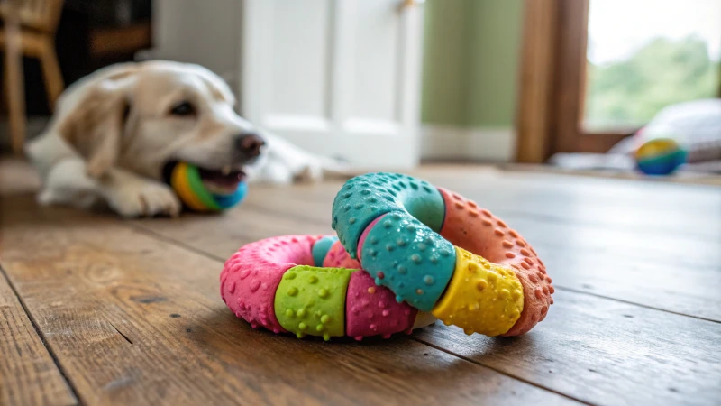 Nahaufnahme eines Goughnuts-Kauspielzeugs auf einem Holzboden mit einem verspielten Hund im Hintergrund