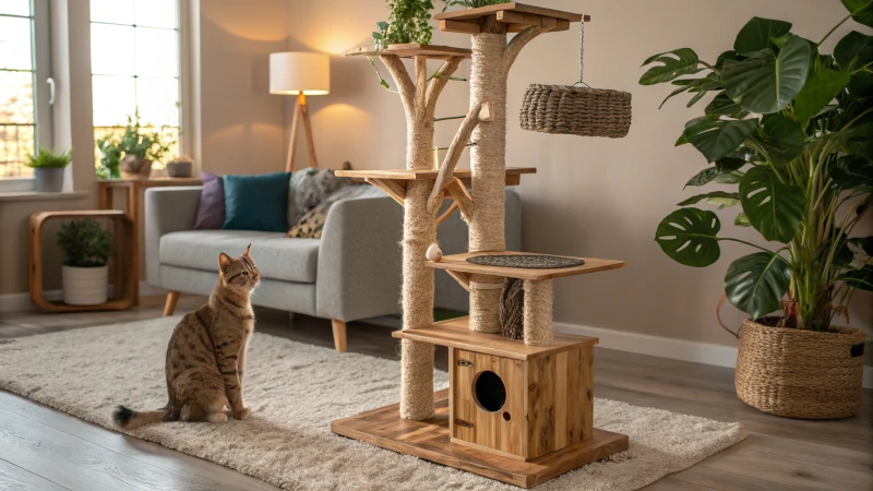Un arbre à chat en bois fabriqué à la main dans un salon confortable.