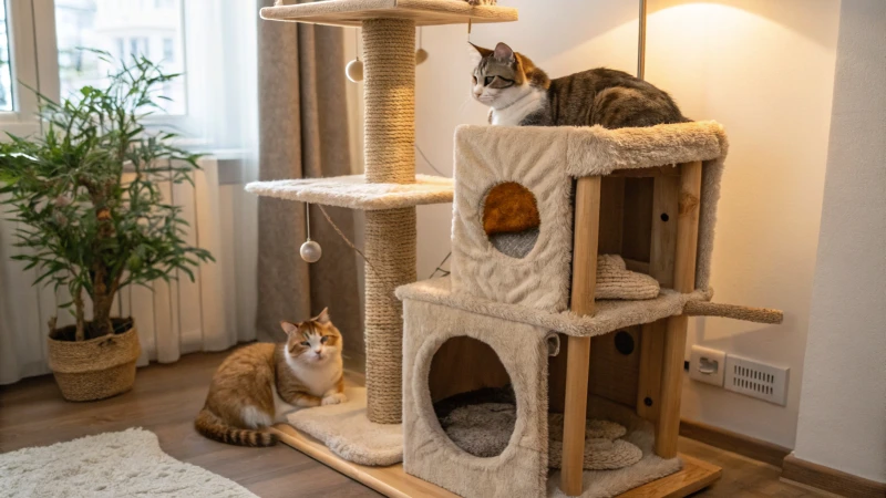 Image photoréaliste d'un arbre à chat fait à la main sur lequel se prélassent des chats.