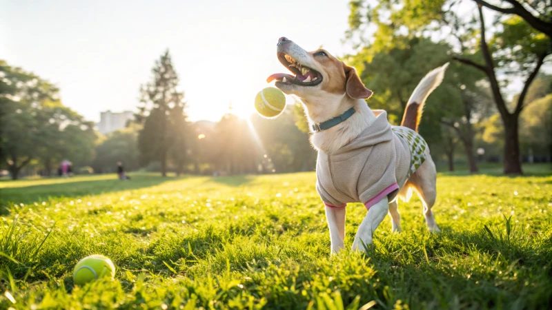 公園でフェッチをする幸せな犬