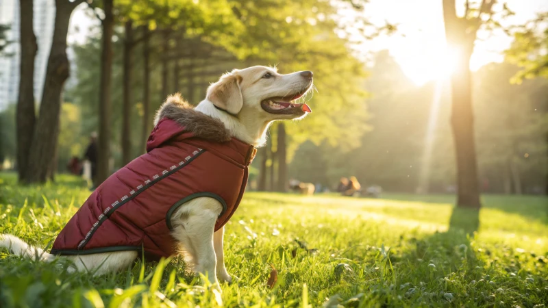 Ein glücklicher Hund in einer hochwertigen Jacke sitzt im Gras