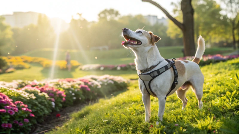 Un chien de taille moyenne heureux dans un parc, portant un harnais bien ajusté