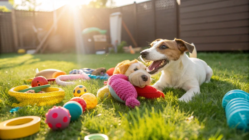 Happy dog playing with toys in a sunny backyard