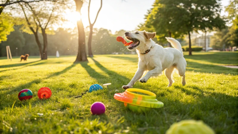 Ein glücklicher Hund spielt mit einem bunten Hundespielzeug in einem sonnigen Park
