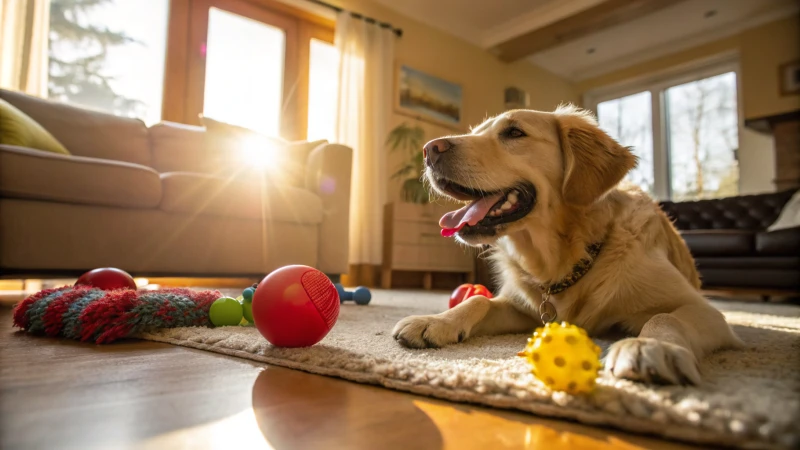 Un chien heureux jouant avec des jouets dans un salon confortable