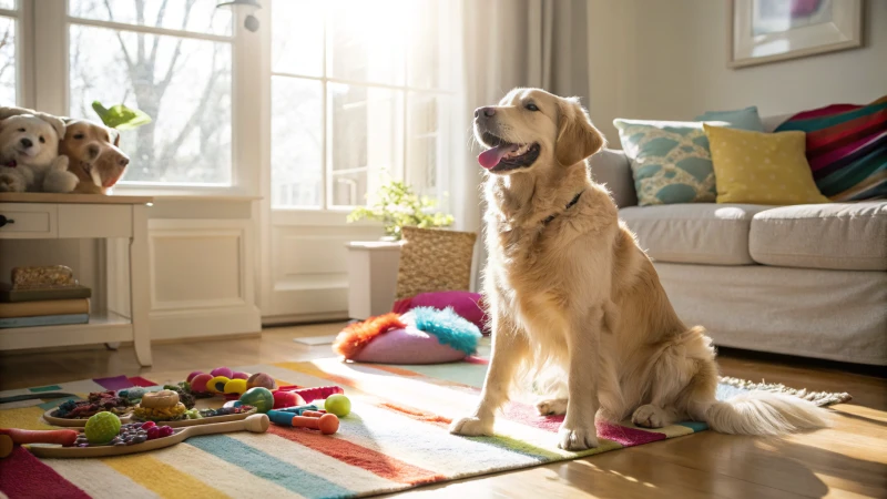 Un golden retriever heureux sur un tapis coloré dans un salon lumineux