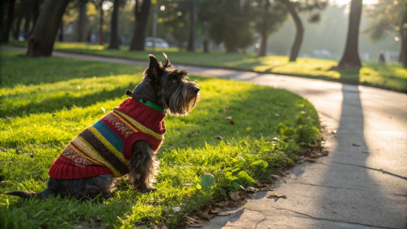 Un terrier heureux dans un pull vibrant assis sur l'herbe