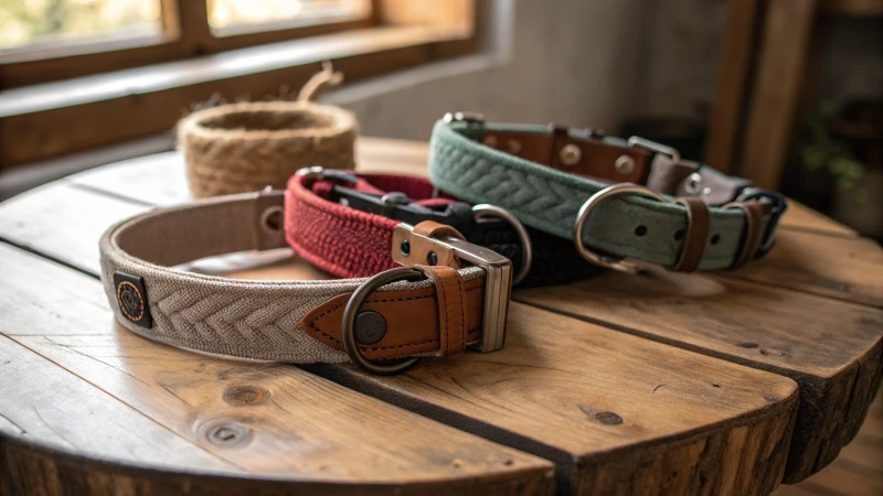 Una varietà di collari per cani colorati e strutturati esposti su una superficie di legno rustico.