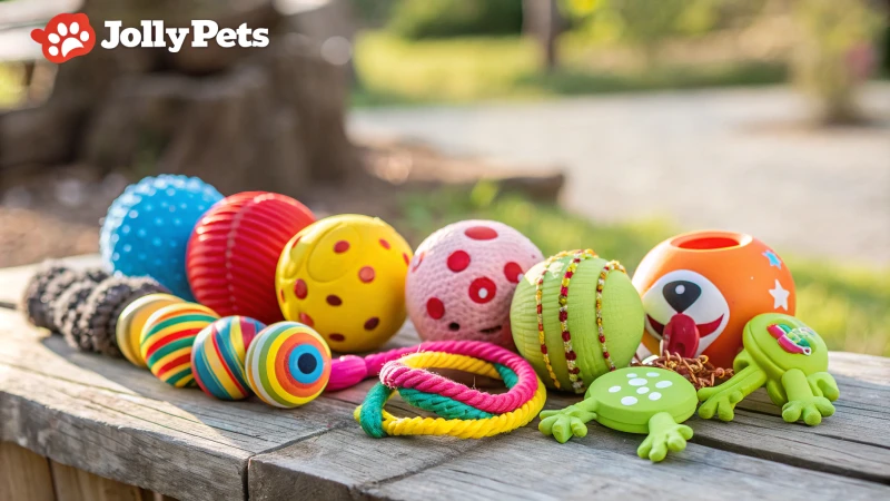 Eine farbenfrohe Sammlung von Hundespielzeug von Jolly Pets auf einer Holzoberfläche.