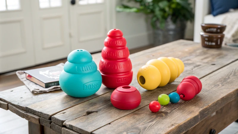 Arrangement von buntem KONG Hundespielzeug auf einem Holztisch