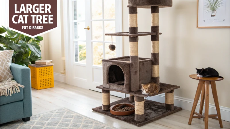 Un grand arbre à chat conçu pour les grands chats avec plusieurs niveaux et un coin douillet.