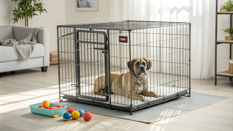 Une grande cage pour chien résistante avec un chien à l'intérieur