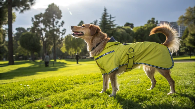 Un perro alegre con un traje brillante de pie en un parque soleado