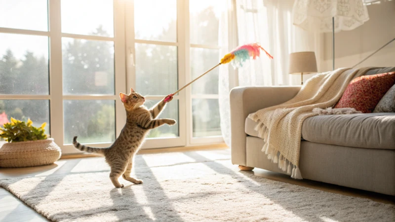 Un chat enjoué poursuit un jouet en plumes dans un salon ensoleillé.