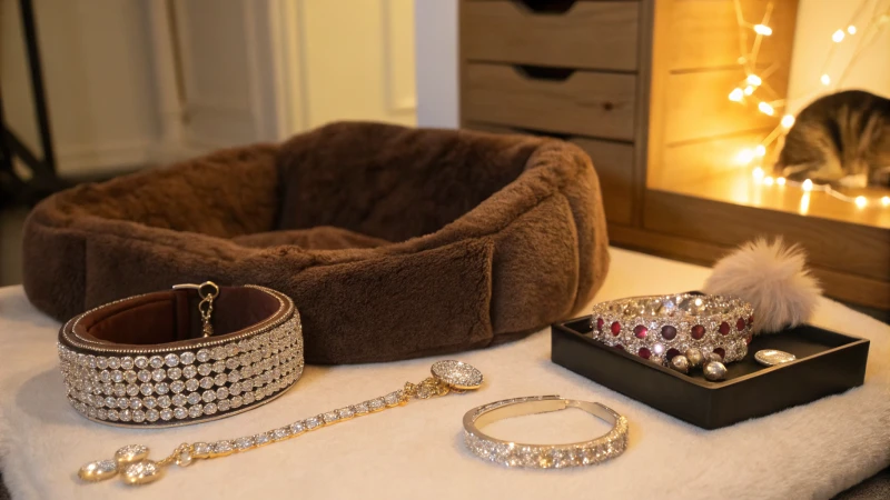 Présentoir d'accessoires de luxe pour chat avec lit en peluche et collier élégant